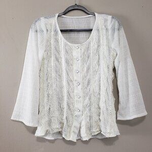 White Vintage Inspired Lace Button Down Silky Top